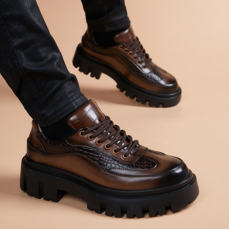 高端皮鞋男真皮厚底英伦棕色商务休闲2025新款男士韩版内增高皮鞋