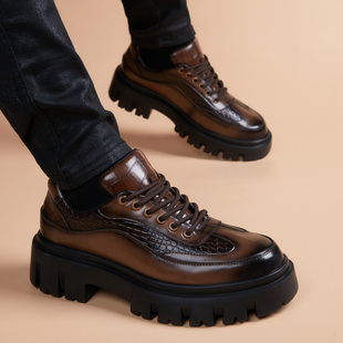 高端皮鞋男真皮厚底英伦棕色商务休闲2025新款男士韩版内增高皮鞋