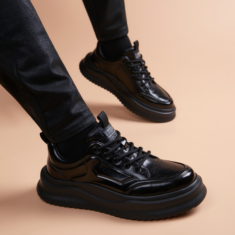 冬季运动鞋皮鞋男韩版英潮流内增高黑色透气厚底系带商务休闲板鞋