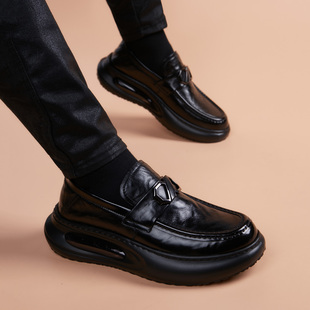 冬季新款一脚蹬懒人休闲男皮鞋男真皮软底一套脚男士真皮内增高鞋