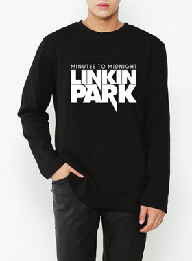 linkin park纯棉摇滚圆领长袖t恤男字母印花黑色文化衫春秋装上衣