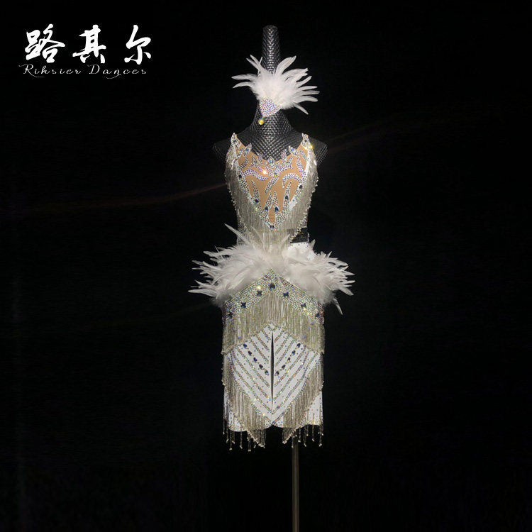 路其尔*女士新款拉丁舞表演服装国标舞比赛服羽毛烫钻儿童L-2196