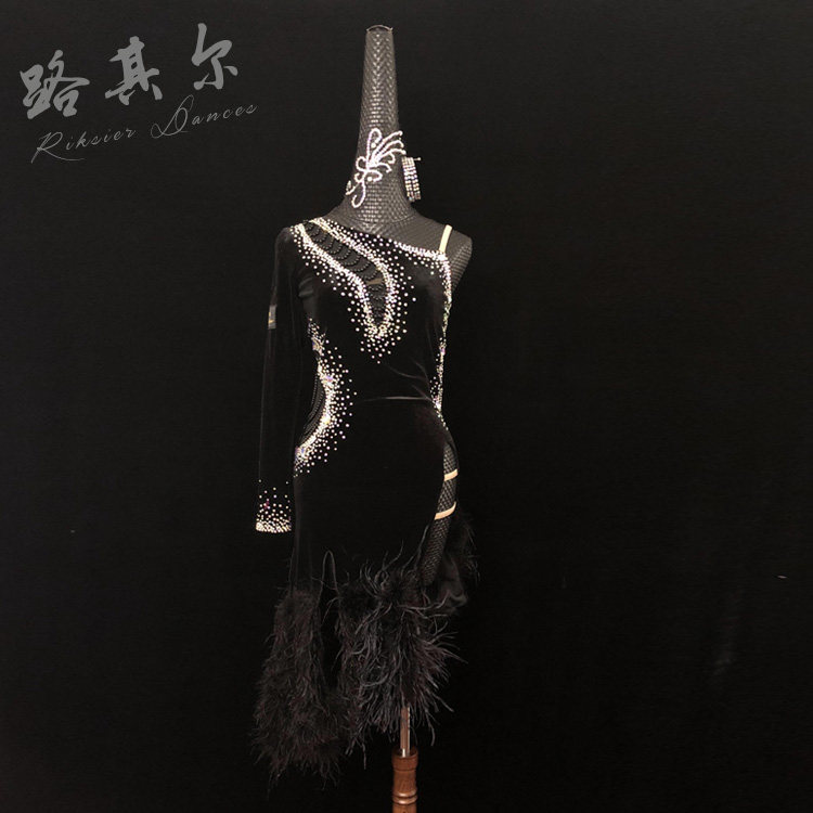 路其尔&middot;儿童拉丁舞表演服成人比赛服装新款演出服鸵鸟毛L-