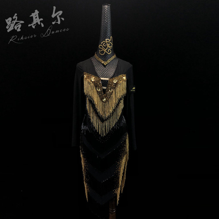 路其尔新款手缝珠管女成人拉丁舞比赛服流苏女童手工烫钻-27