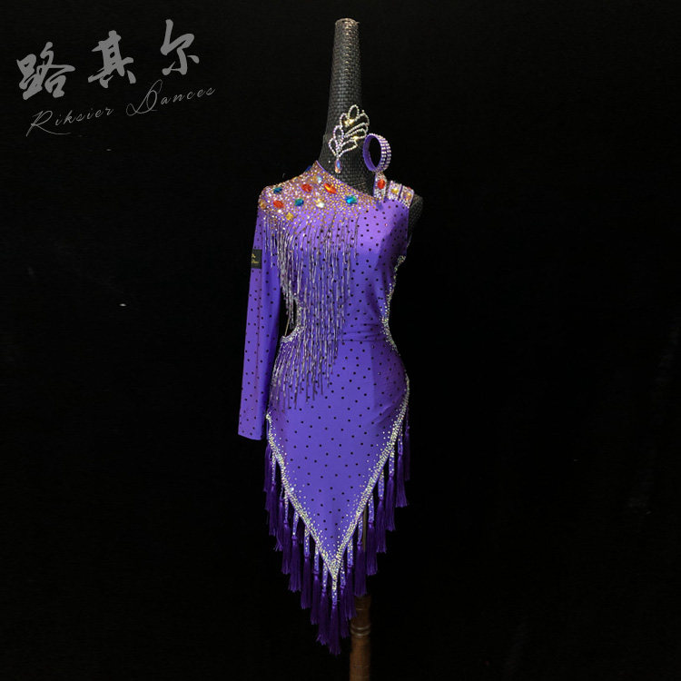 路其尔·新款手缝珠管拉丁舞女成人比赛服流苏女童舞服L-21105
