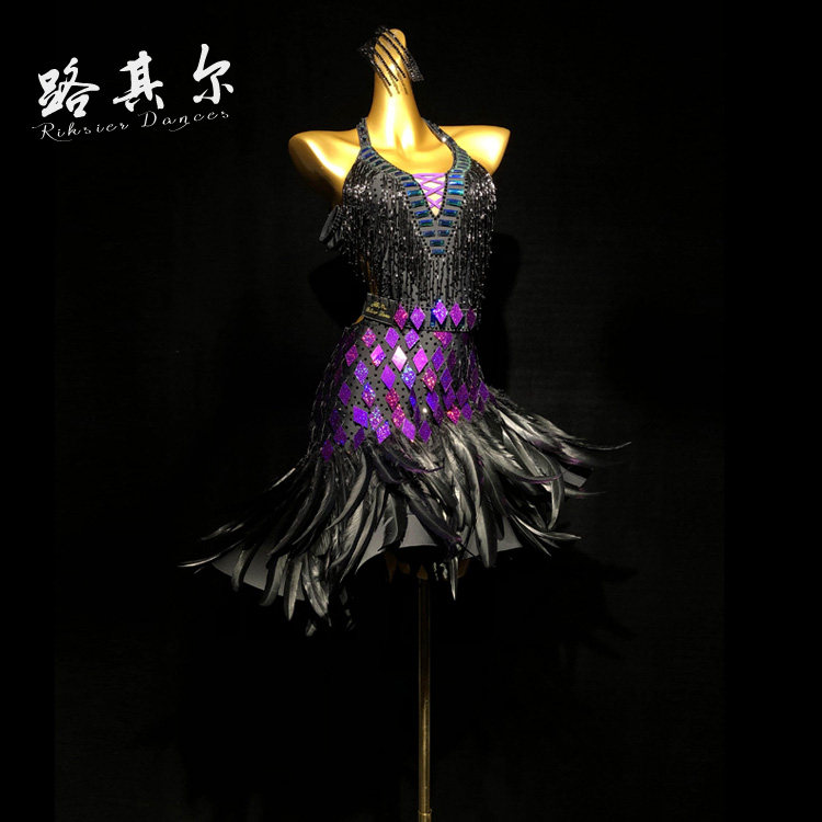 路其尔*女士新款拉丁舞定制比赛服国标舞钻服羽毛儿童舞服L-2208