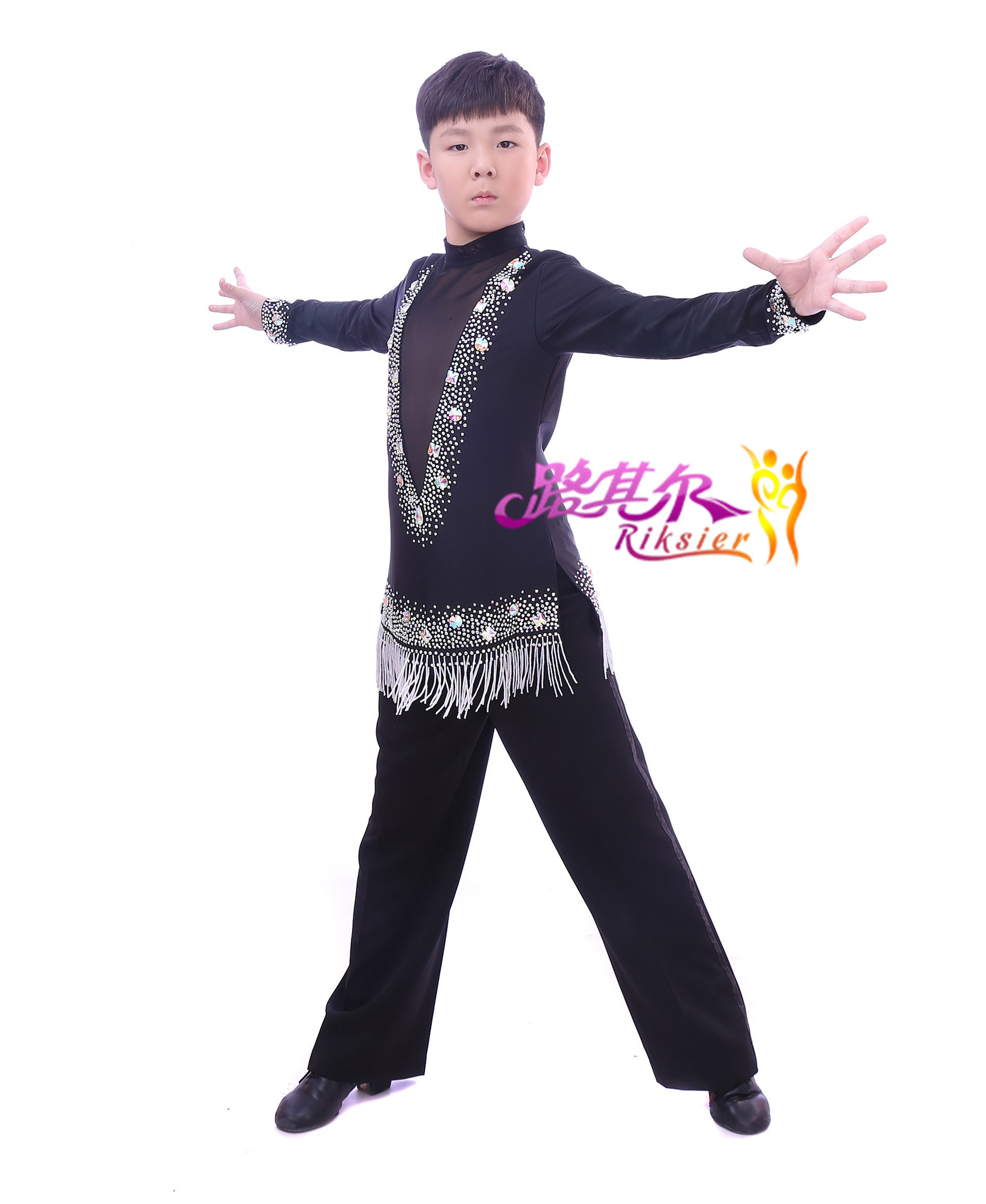 路其尔*2018年拉丁舞表演服装比赛服2017新款男款上衣珠管Q-1778