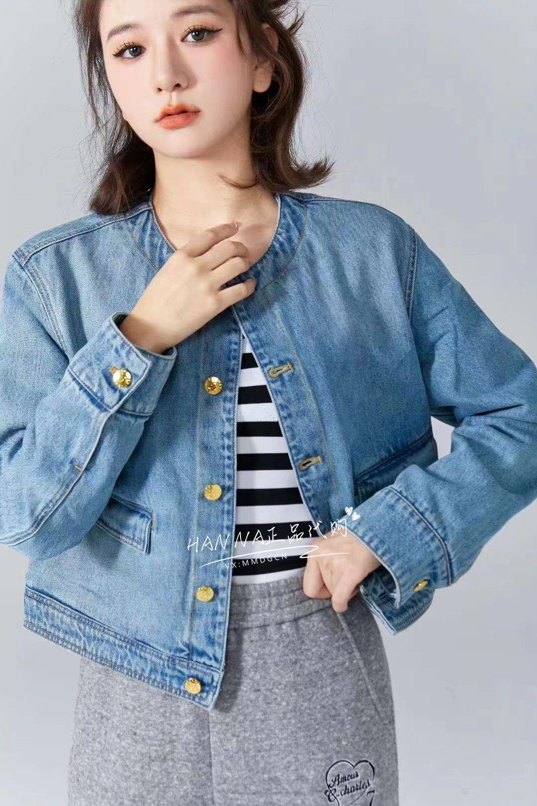 包邮 chester charles 2023年春夏  圆领金扣牛仔外套  hanna代购