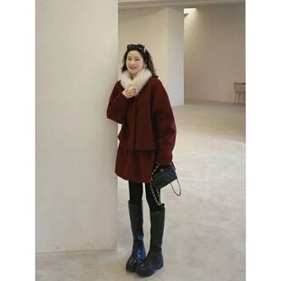 新年穿搭红色小香风两件套女秋冬季红色短款外套半身裙毛呢套装