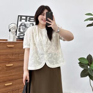 大码女装夏季新款显瘦遮肉上衣胖mm法式蕾丝雪纺短袖衬衫