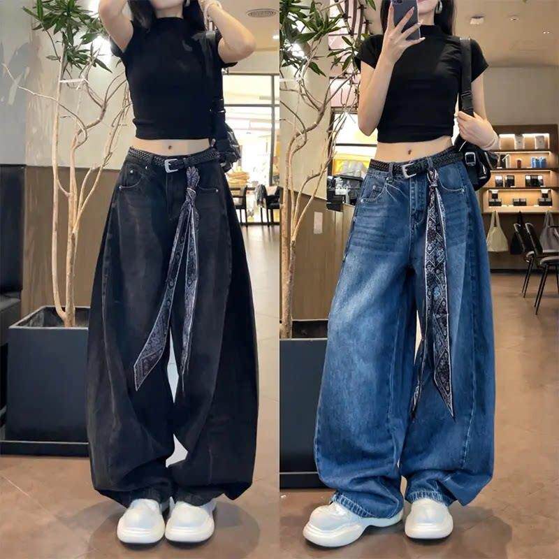 高个子加长牛仔裤女2025新美式复古弯刀宽松显瘦直筒阔腿拖地裤子