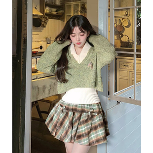 温柔风早秋搭配一整套装2025慵懒气质短款毛衣叠穿背心裙子两件套