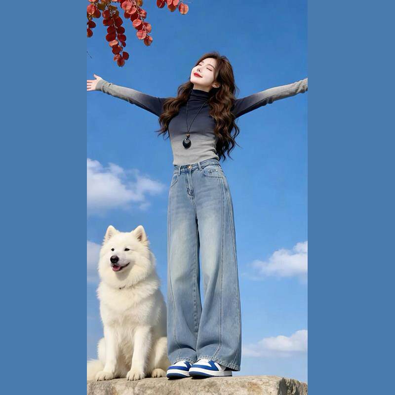 牛仔裤女春秋2026新款复古高腰显瘦直筒宽松弯刀阔腿裤子