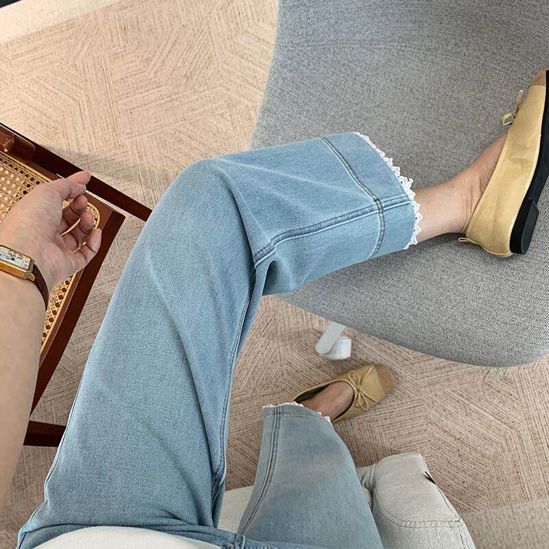 薄款四面弹蕾丝边九分阔腿裤女夏季宽松高腰显瘦小个子直筒牛仔裤