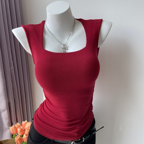 纯欲性感方领胸部双层宽肩带修身背心遮副乳无袖收腰褶皱上衣夏女