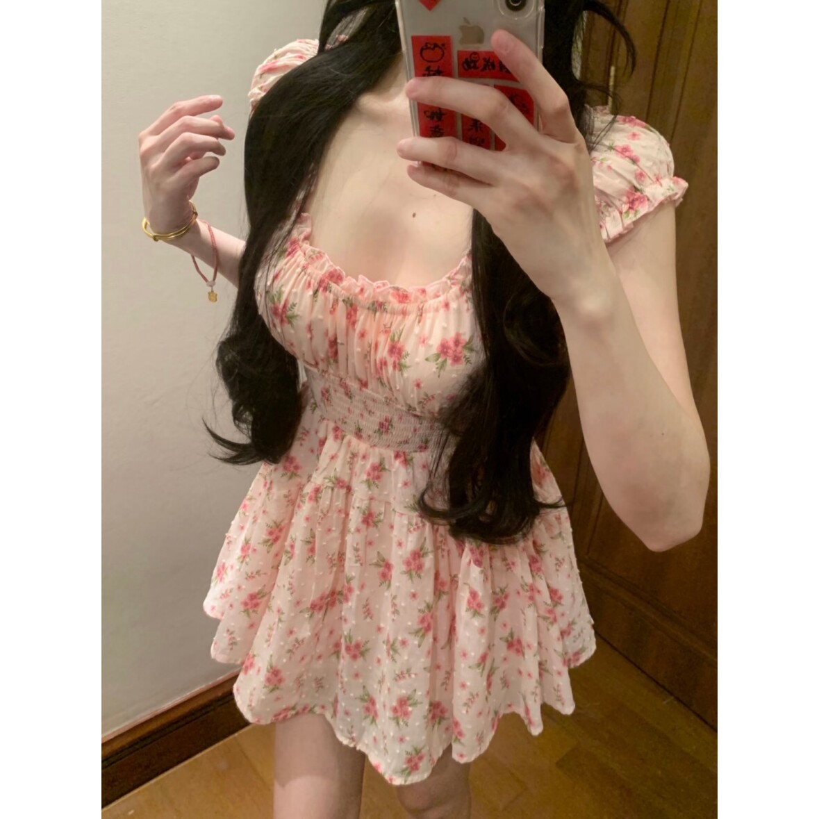 纯欲甜美桃粉碎花方领木耳边褶皱高腰连衣裙女收腰海边度假短裙夏