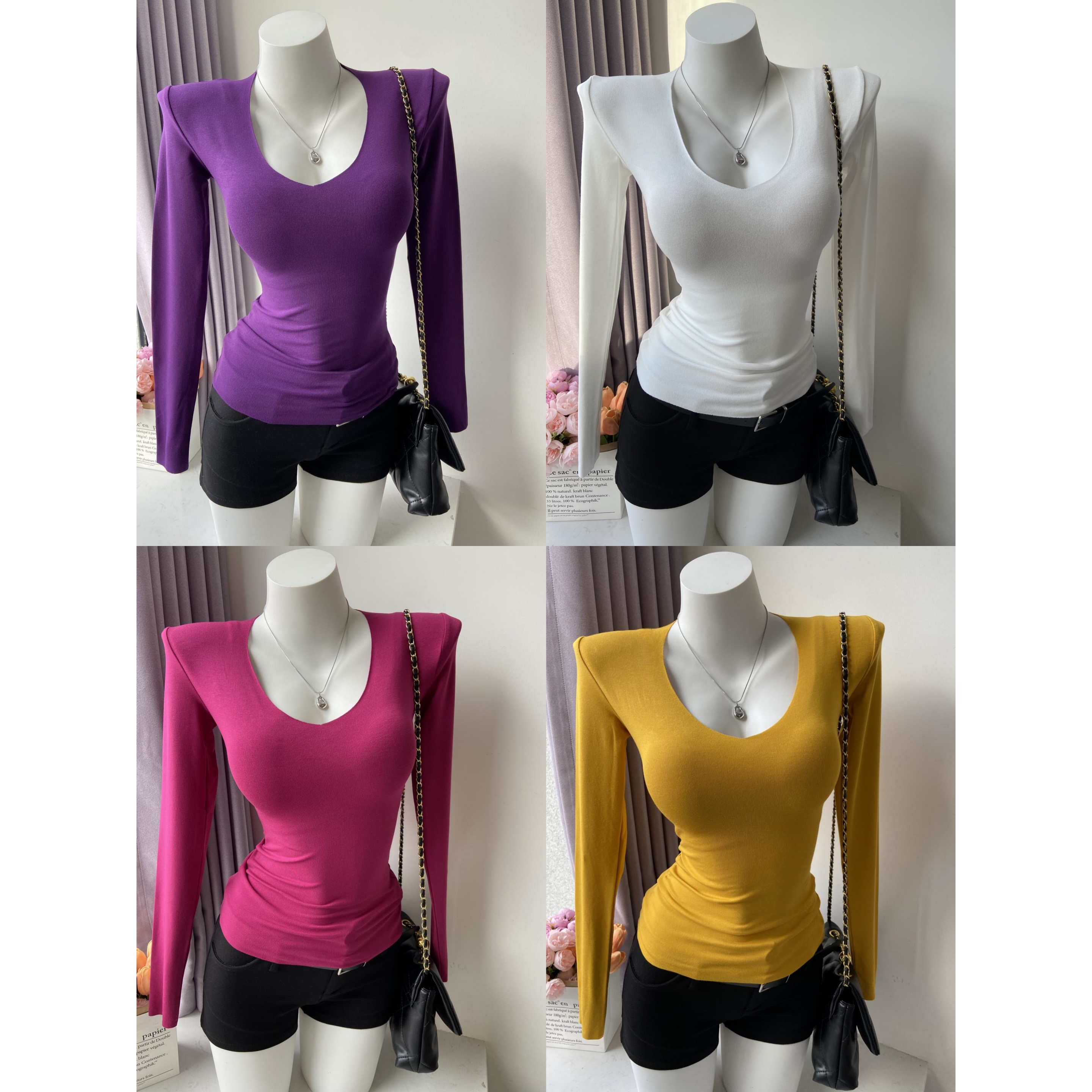 多巴胺内里磨毛加绒秋冬打底衫上衣纯欲深V领低胸收腰弹力长袖T恤