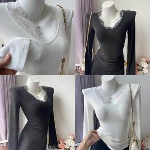 美貌又性感~V领睫毛蕾丝拼接长袖弹力T恤女纯欲紧身打底衫上衣秋