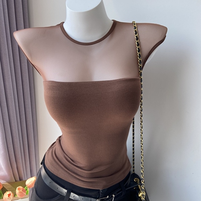 复古性感带胸垫网纱拼接透视短袖T恤女纯欲辣妹紧身弹力显胸上衣