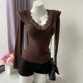 皮草内搭～性感低胸V领蕾丝花边拼接收腰长袖 紧身弹力T恤打底衫 女