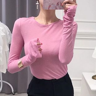 T恤修身 春夏性感软糯微透亮色纸片人超长袖 圆领显瘦防晒上衣薄女