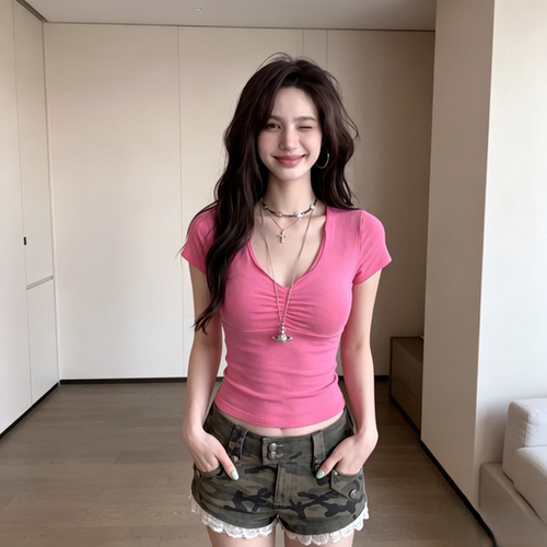 美式交叉弹力V领显瘦女短袖T恤