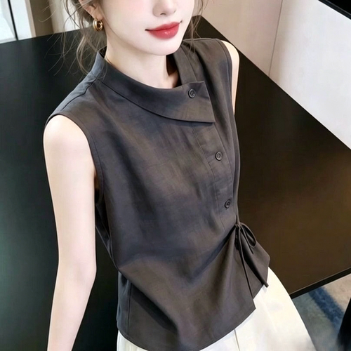 2026春女法式娃娃领无袖衬衫洋气收腰别致外穿显瘦通勤上衣
