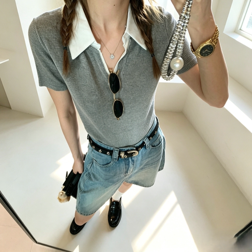 法式撞色翻领上衣女小众假两件设计正肩短袖修身显瘦针织衫
