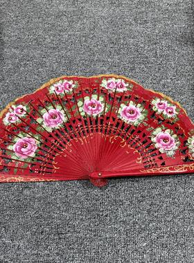 Anita新品大红色结婚喜扇双面西班牙折扇旗袍走秀舞蹈表演木扇