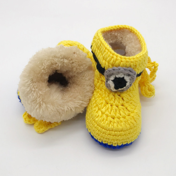小黄人宝宝毛线鞋 婴儿手工编织针织鞋 新生儿手工鞋钩针鞋防掉鞋