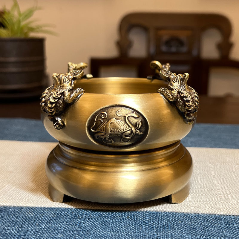 青蚨黄眉庵纯铜四兽聚宝盆摆件