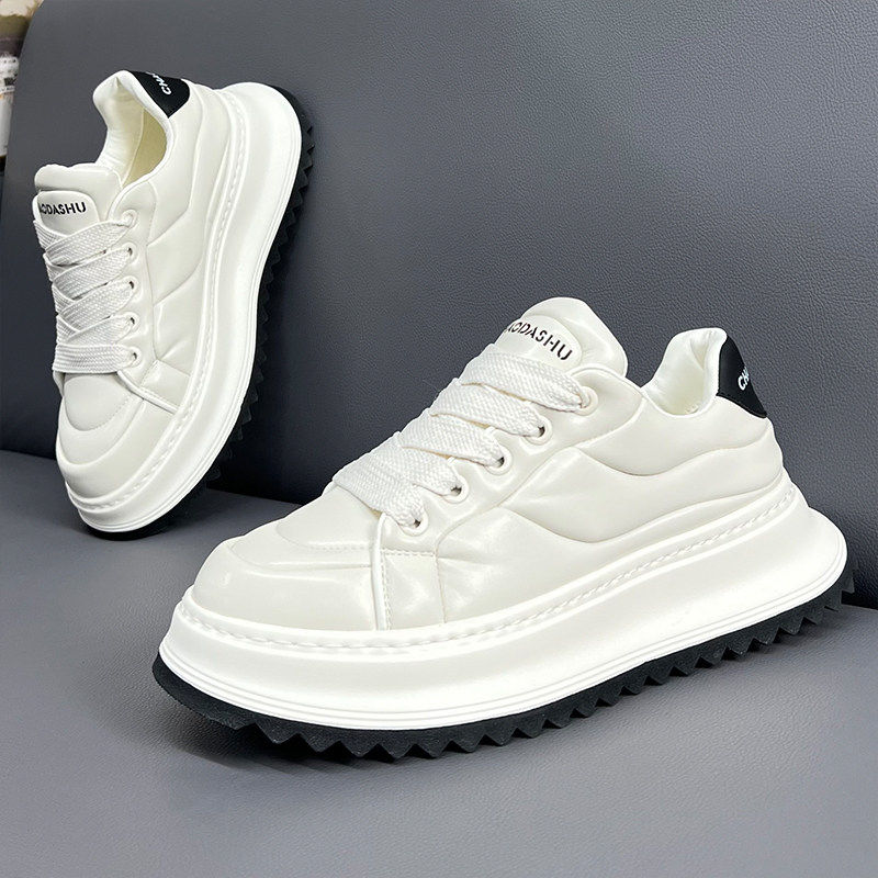 男鞋欧洲站秋冬季明星同款纯色真皮小白鞋厚底增高英伦风轻奢板鞋