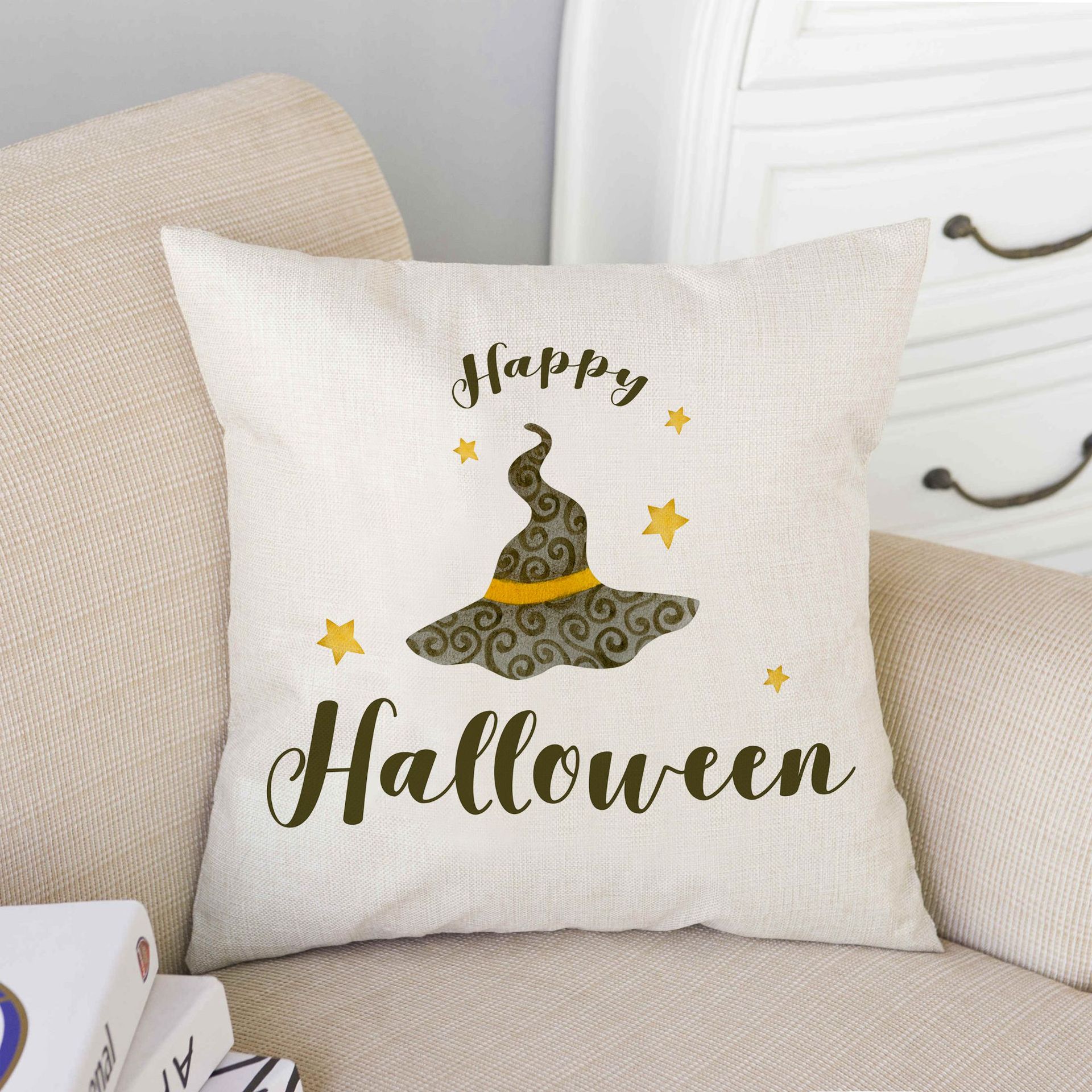 新款欧美复古万圣节图案南瓜女巫帽子抱枕靠垫沙发垫客厅亚麻套装