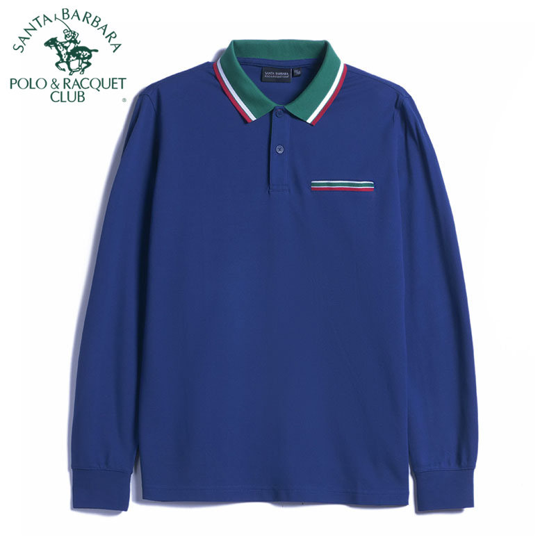 圣大保罗男装撞色翻领网眼T恤 中年休闲春夏薄款 长袖T恤衫修身版