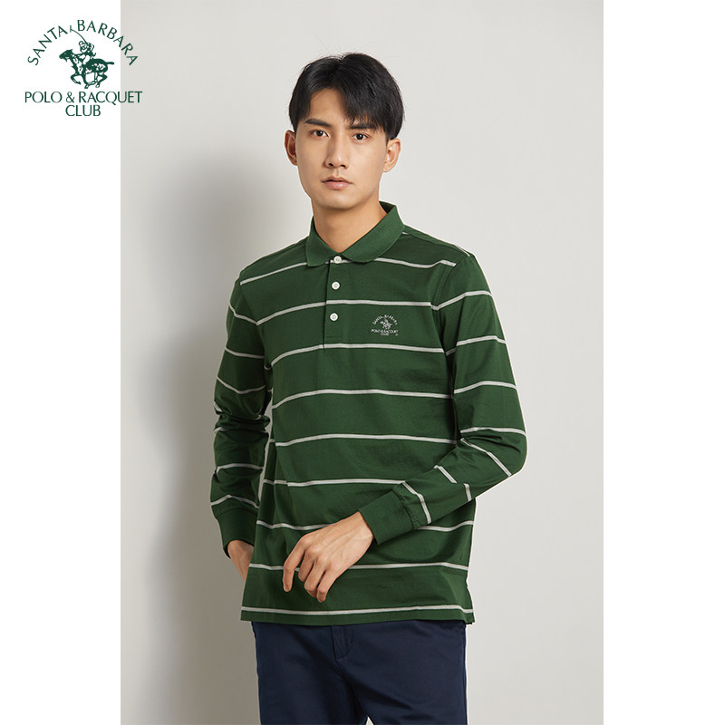 圣大保罗男装美式休闲宽松大码纯棉条纹翻领长袖厚T恤POLO衫