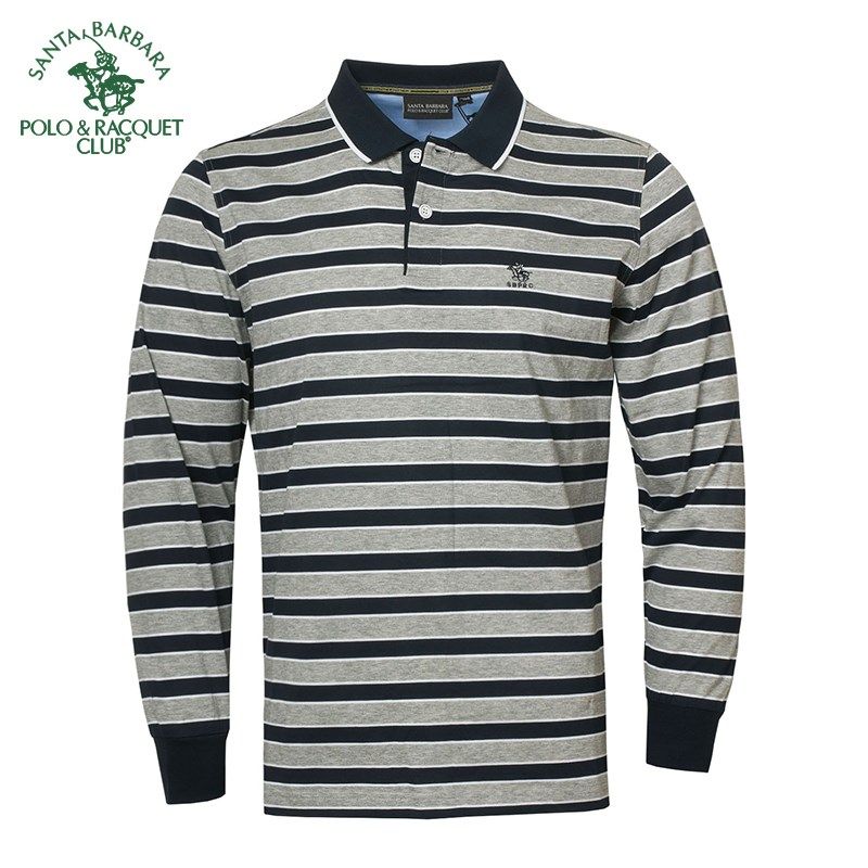 圣大保罗POLO衫男装条纹T恤长袖纯棉商务双丝光棉 合身版春夏薄款