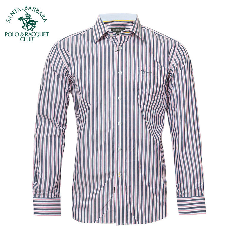 圣大保罗男装休闲竖条纹棉长袖衬衫纯棉尖领长袖衬衣春夏薄款