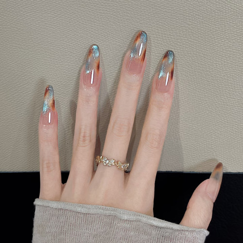 穿戴甲中长款猫眼琥珀晕染穿戴甲