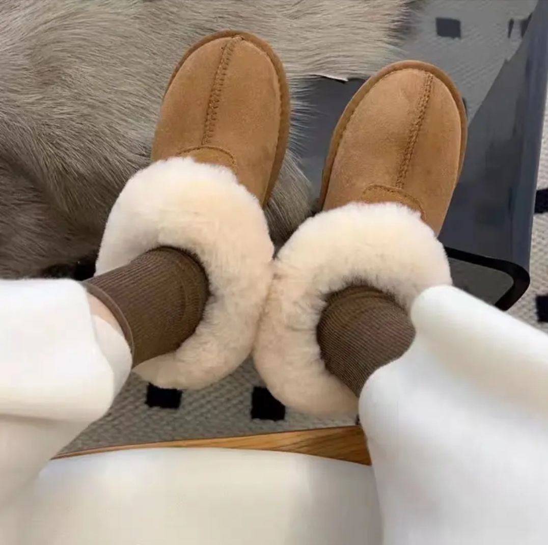 懒人鞋雪地靴牛皮羊毛厚底