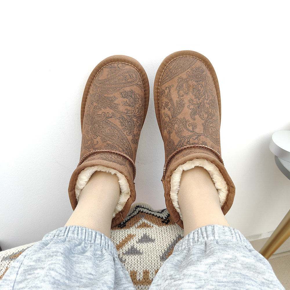 周冬雨雪地靴女短筒mini加厚面包鞋加绒保暖一脚蹬棉靴冬百搭印花