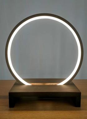 禅意锂电LED充电灯圈实木底座免布线摆件工艺品展台