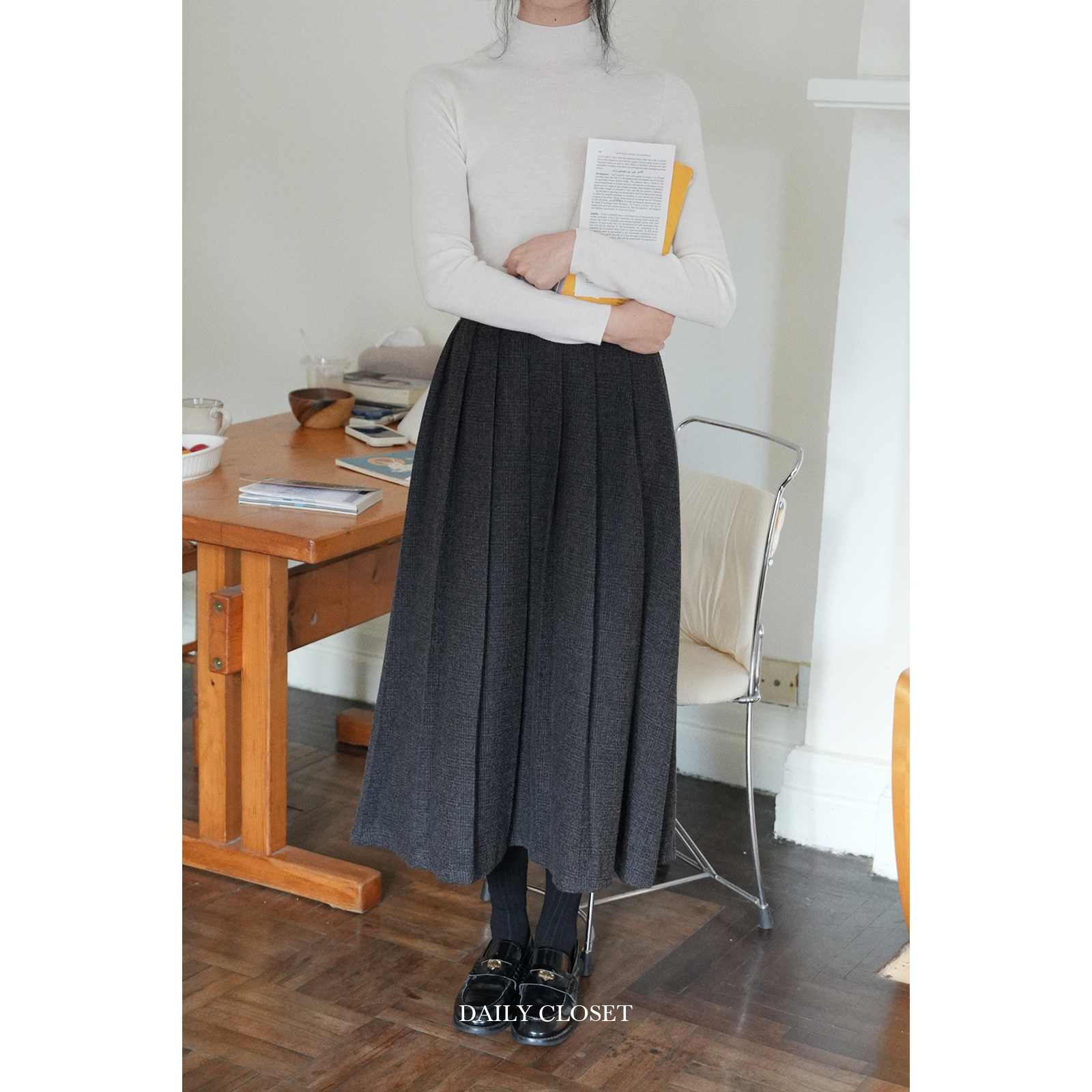 DC自制 作家日记  秋冬复古加厚色织格纹深灰百褶裙女士半身裙