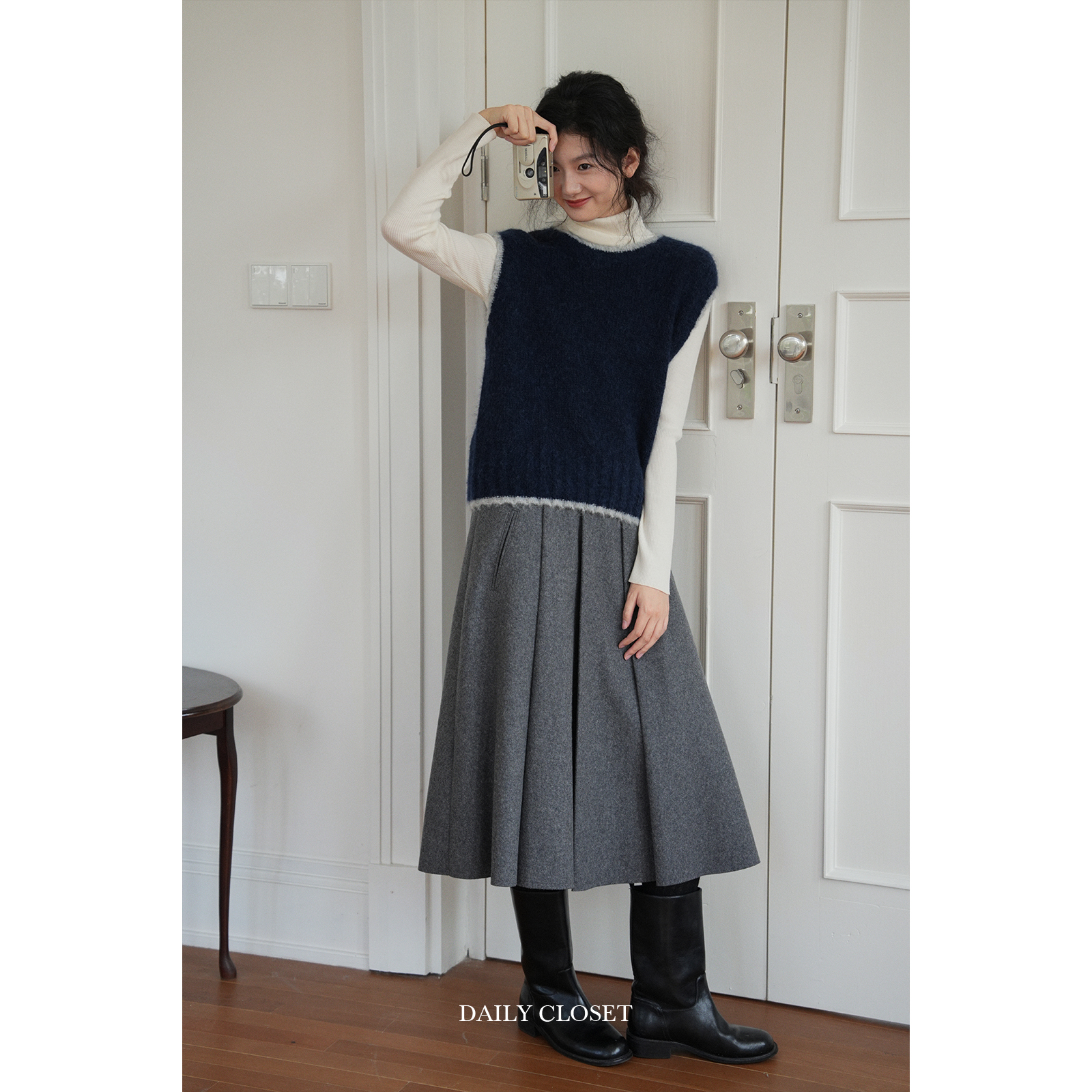 加厚保暖简约秋冬羊毛呢压褶半裙