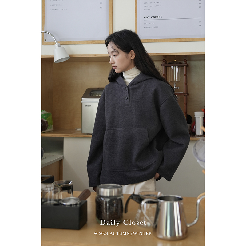 DC加厚秋冬肌理感羊毛连帽卫衣宽松百搭套头保暖外套女