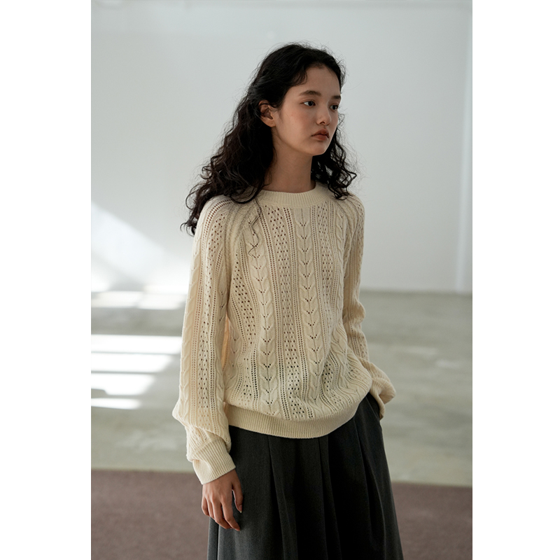 DailyCloset 高级简约慵懒风100%纯羊毛针织衫女镂空套头绞花毛衣