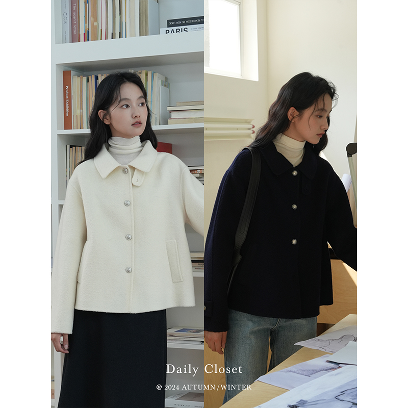 DAILY CLOSET小个子复古翻领双面呢短款外套纯手工羊毛大衣女