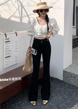 2024春新款千子6134黑色时尚显瘦百搭毛边喇叭裤高腰弹力女牛仔裤