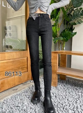 2021秋新款千子86113黑色显瘦毛边九分小脚铅笔裤弹力女牛仔裤潮