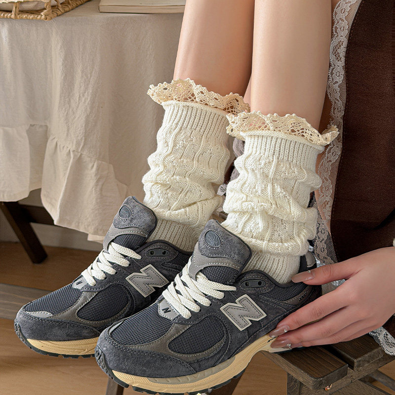 日系优雅气质款小腿套复古麻花纹学院风中筒袜甜美蕾丝花边堆堆袜