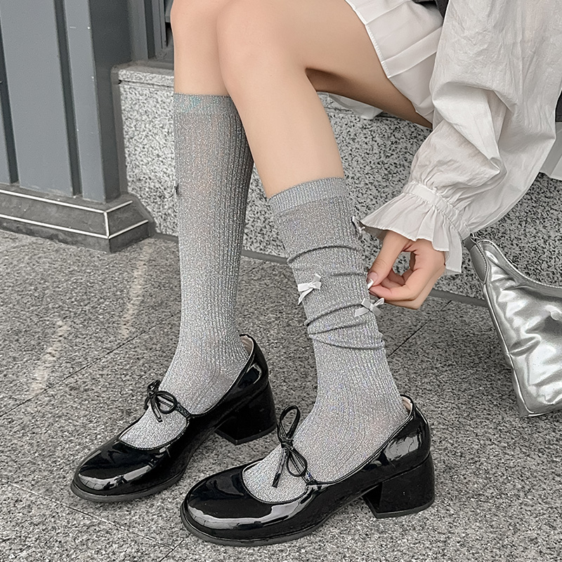韩系百搭黑灰色学院风亮丝及膝袜